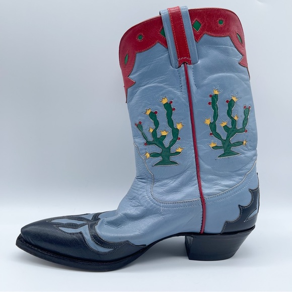 RELISTED Larry Mahan Prickly Pear Cactus Western Cowgirl Boots Blue Red Rodeo 7 - Picture 5 of 16